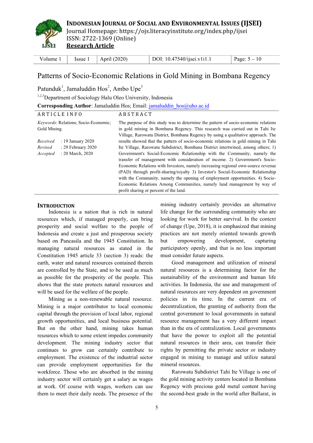 Patterns of Socio-Economic Relations in Gold Mining in Bombana Regency