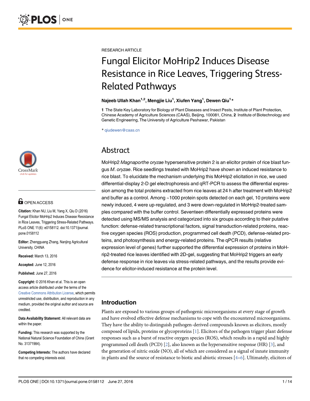 Fungal Elicitor Mohrip2 Induces Disease Resistance in Rice Leaves, Triggering Stress- Related Pathways