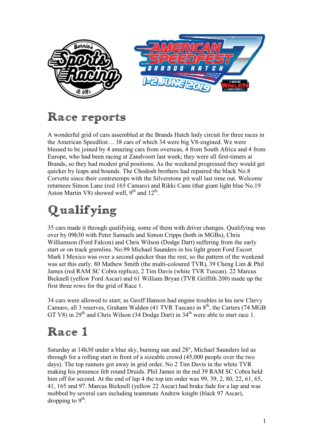 Race Reports Qualifying Race 1