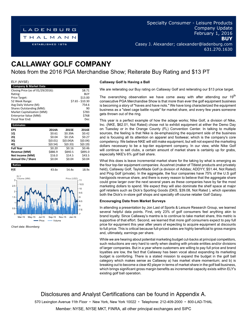 CALLAWAY GOLF COMPANY Notes from the 2016 PGA Merchandise Show; Reiterate Buy Rating and $13 PT