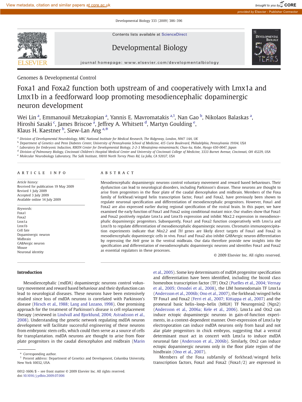 Foxa1 and Foxa2 Function Both Upstream of and Cooperatively with Lmx1a and Lmx1b in a Feedforward Loop Promoting Mesodiencephalic Dopaminergic Neuron Development