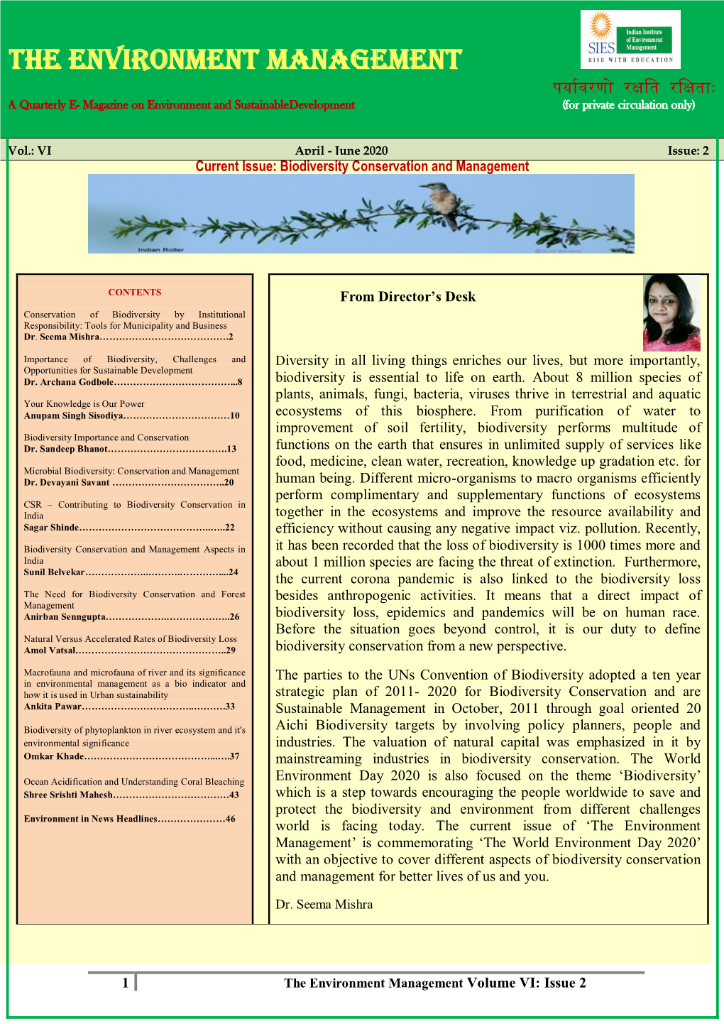 THE Environment Management पर्यावरणो रक्षति रतक्षिय賈 a Quarterly E- Magazine on Environment and Sustainabledevelopment (For Private Circulation Only)