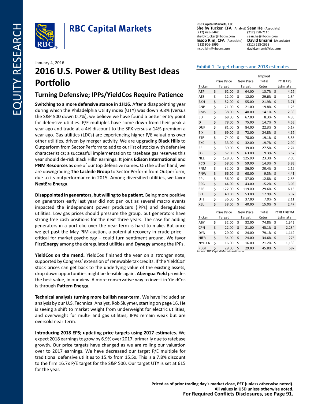 2016 U.S. Power & Utility Best Ideas Portfolio