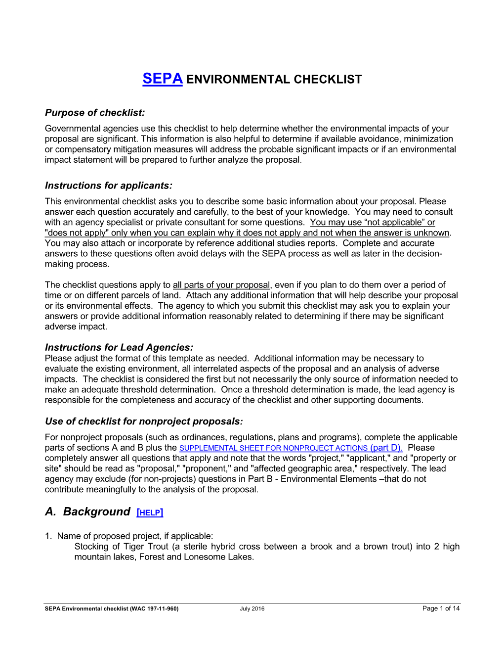 SEPA ENVIRONMENTAL CHECKLIST A. Background