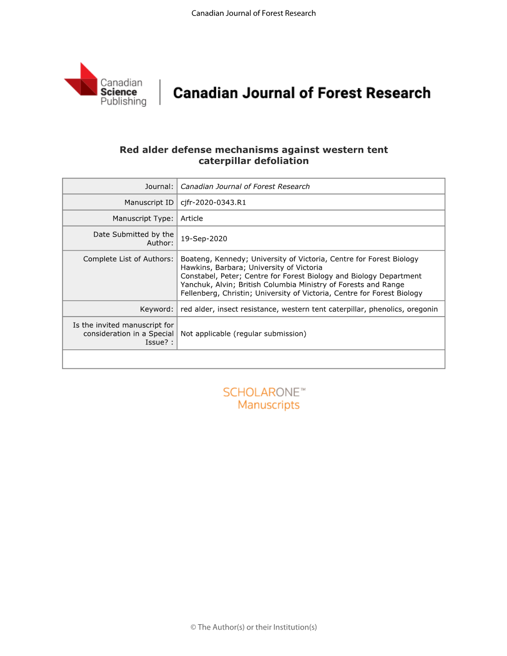 Red Alder Defense Mechanisms Against Western Tent Caterpillar Defoliation