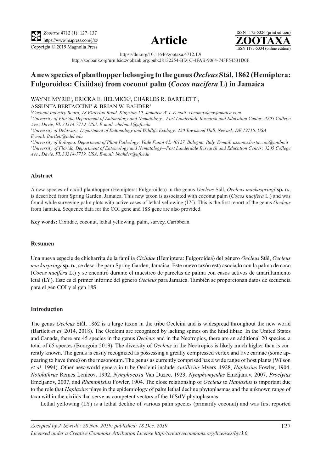 (Hemiptera: Fulgoroidea: Cixiidae) from Coconut Palm (Cocos Nucifera L) in Jamaica