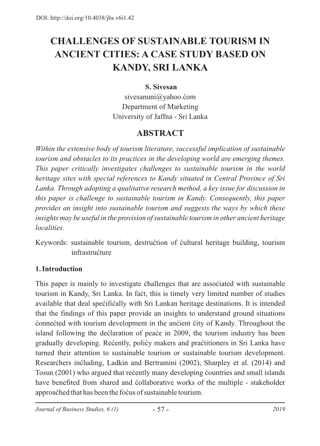 Challenges of Sustainable Tourism in Ancient Cities: a Case Study Based on Kandy, Sri Lanka