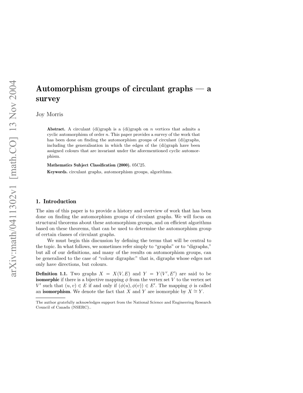 Automorphism Groups of Circulant Graphs — a Survey 3