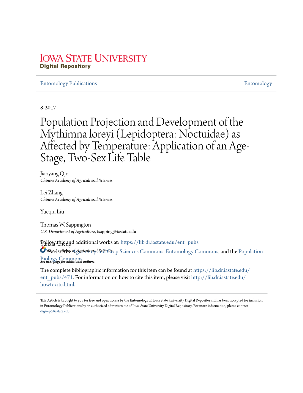 Lepidoptera: Noctuidae) As Affected by Temperature: Application of an Age- Stage, Two-Sex Life Table Jianyang Qin Chinese Academy of Agricultural Sciences
