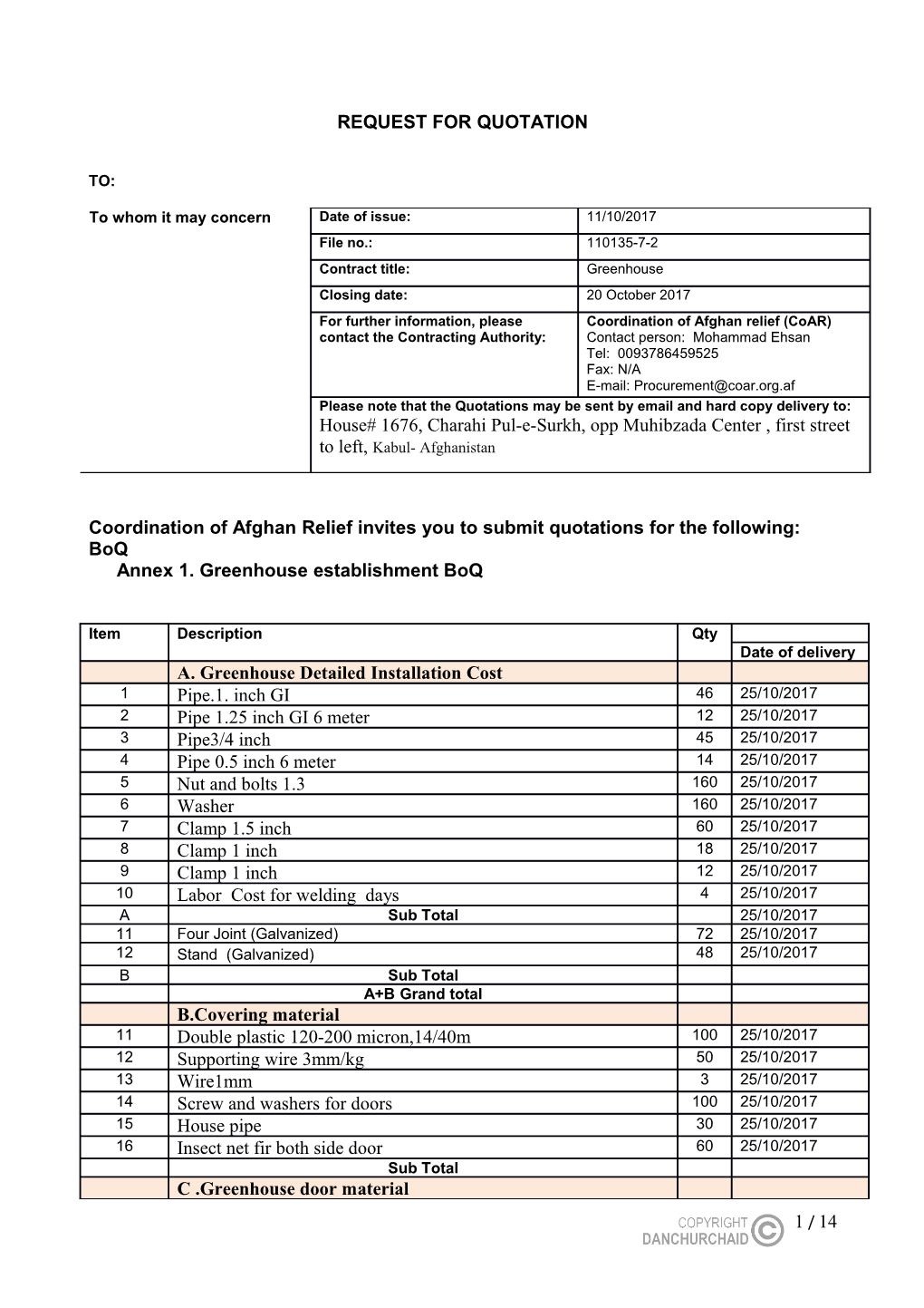 Coordination of Afghan Relief Invites You to Submit Quotations for the Following