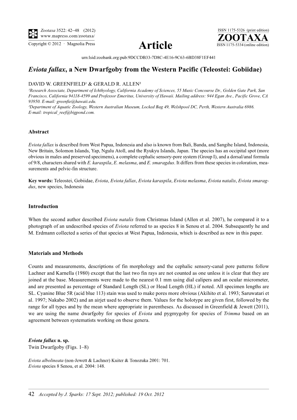 Eviota Fallax, a New Dwarfgoby from the Western Pacific (Teleostei: Gobiidae)