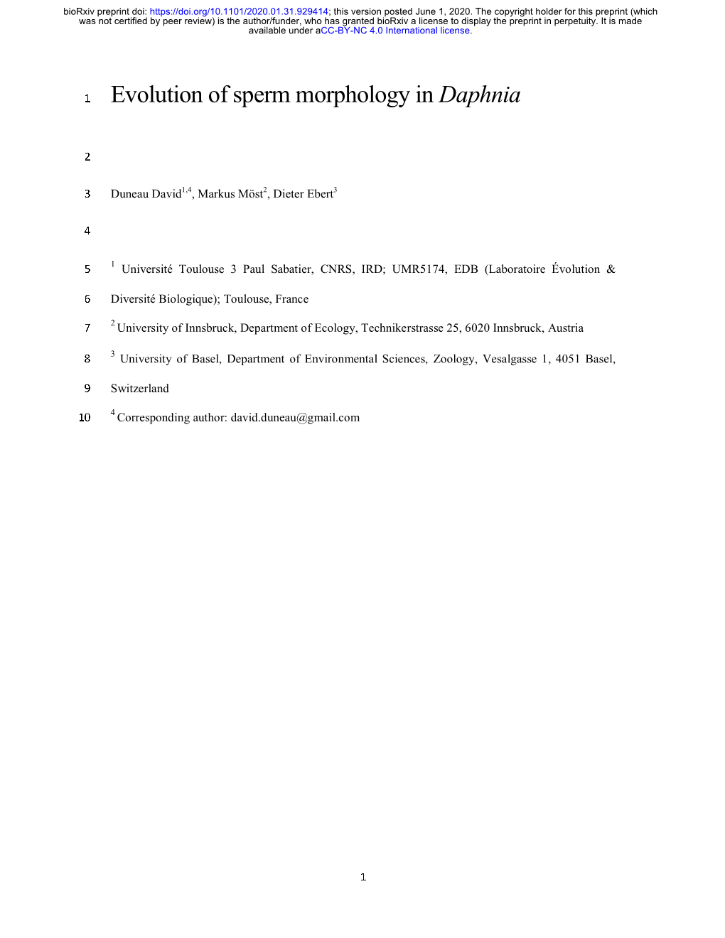 Evolution of Sperm Morphology in Daphnia