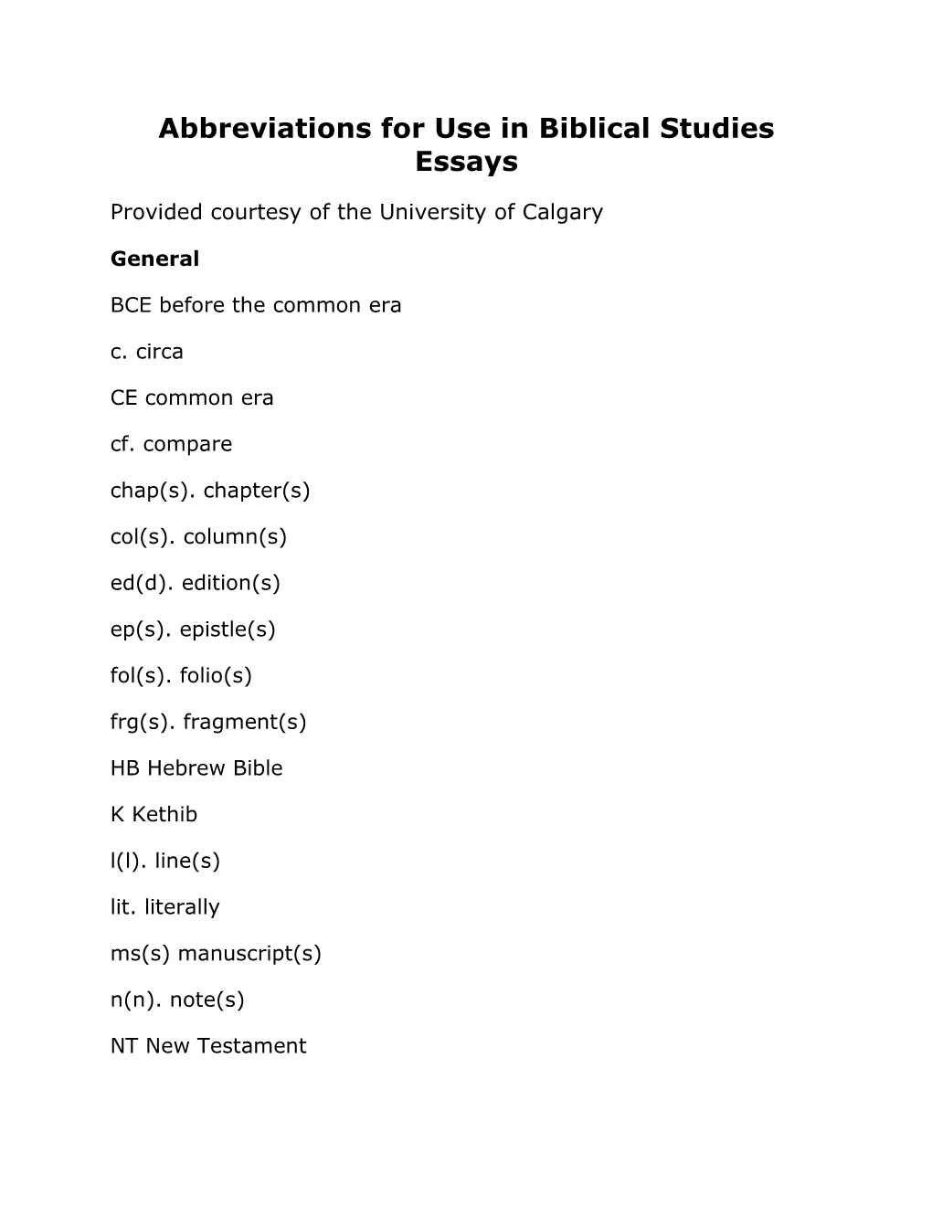 Abbreviations for Use in Biblical Studies Essays