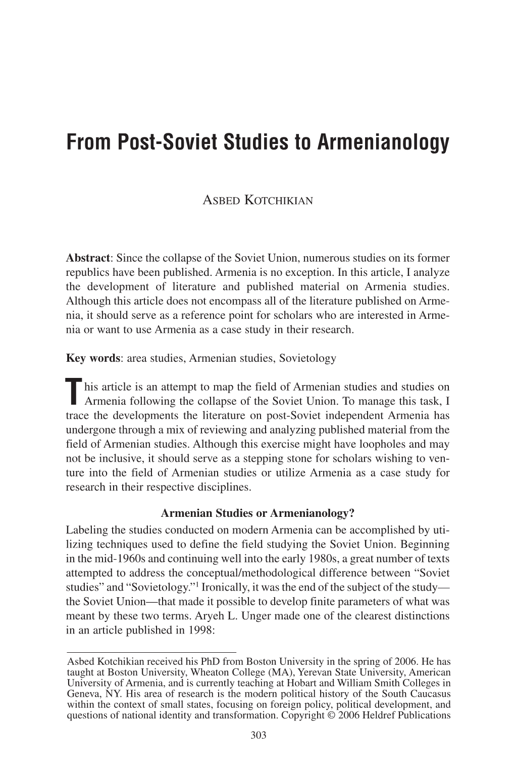 From Post-Soviet Studies to Armenianology