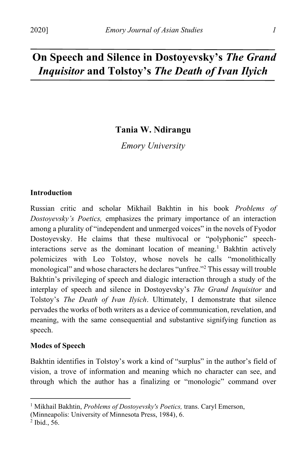 On Speech and Silence in Dostoyevsky's the Grand Inquisitor