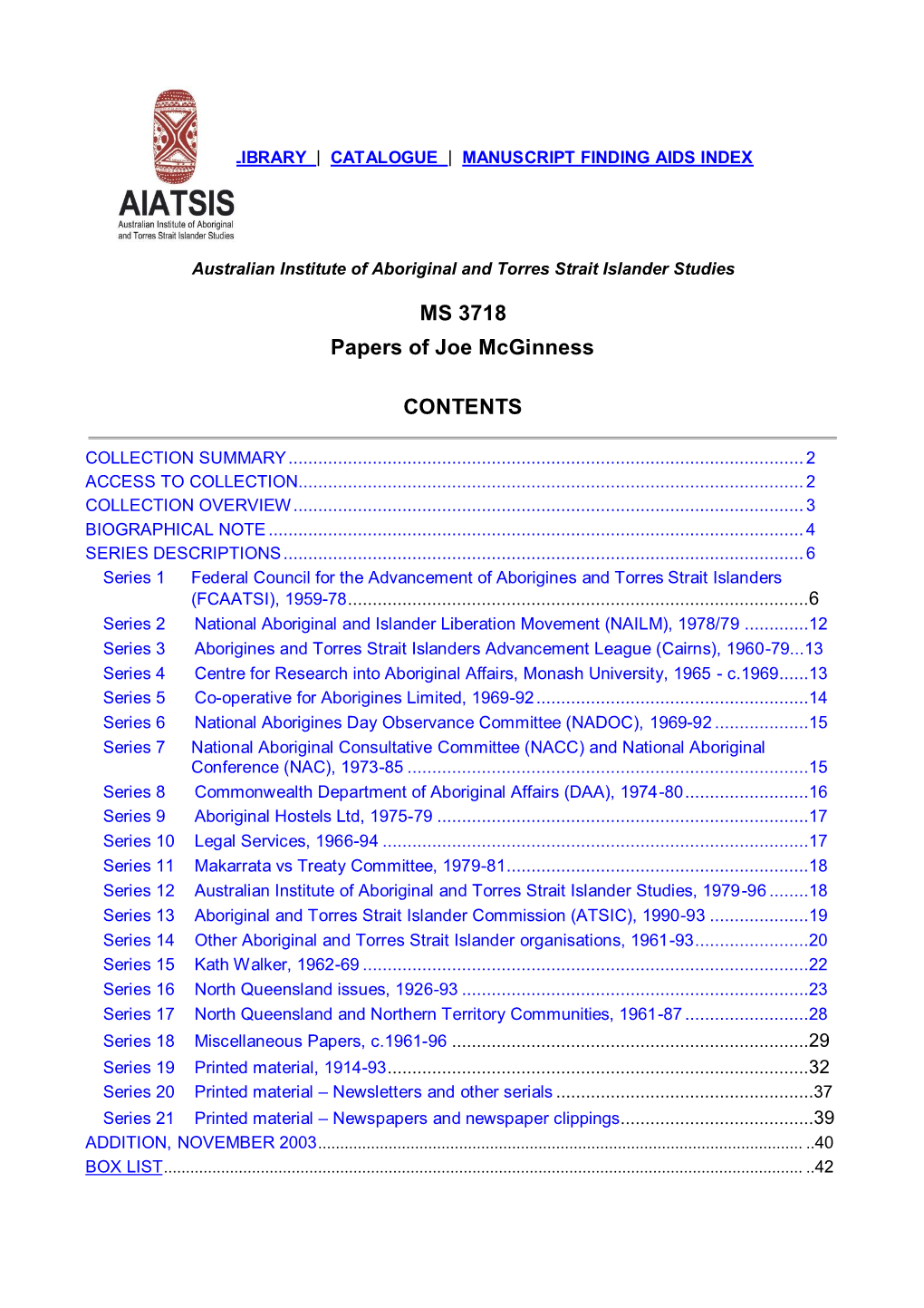 MS 3718 Papers of Joe Mcginness CONTENTS