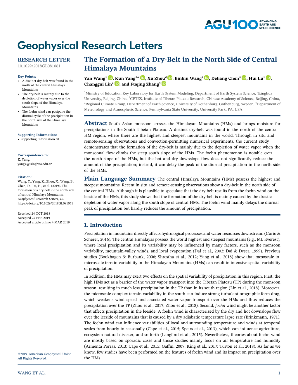 The Formation of a Dry-Belt in the North Side of Central Himalaya Mountains