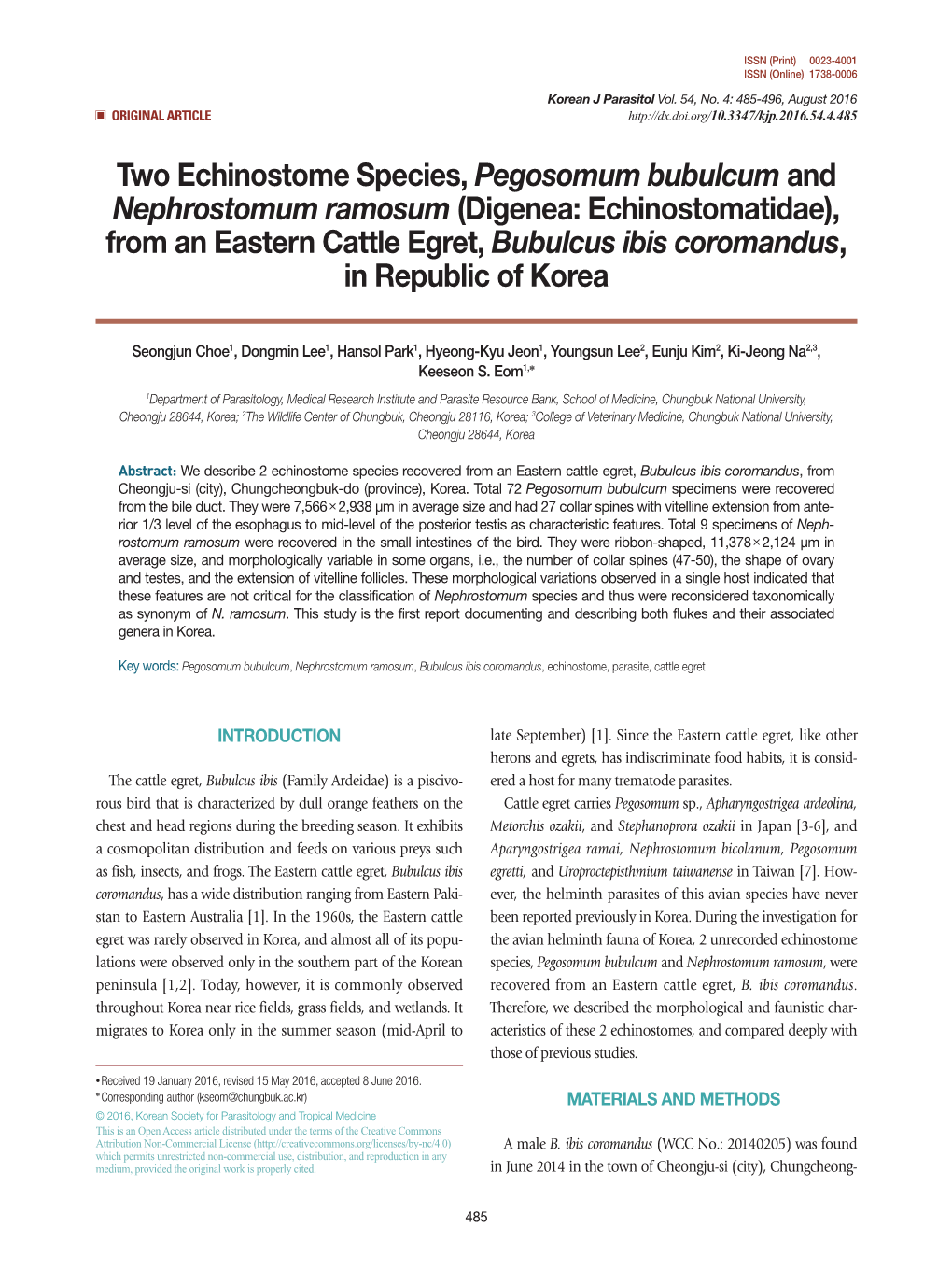 (Digenea: Echinostomatidae), from an Eastern Cattle Egret, Bubulcus Ibis Coromandus, in Republic of Korea