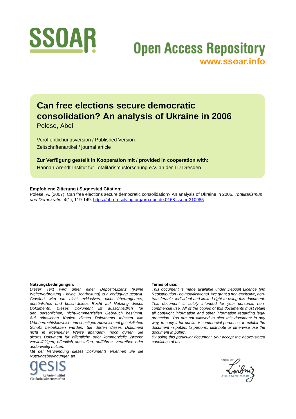 Can Free Elections Secure Democratic Consolidation? an Analysis of Ukraine in 2006 Polese, Abel