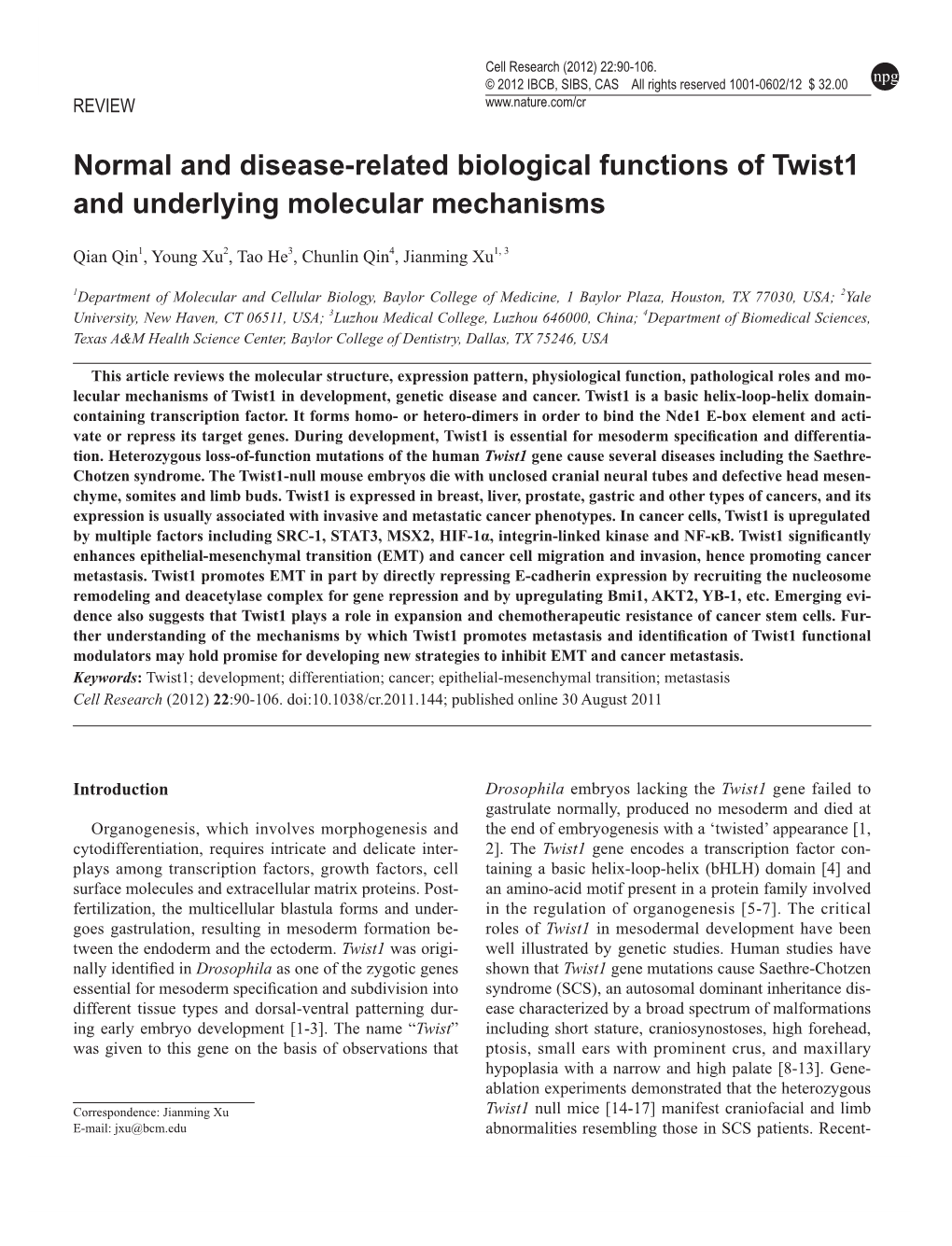 Normal and Disease-Related Biological Functions of Twist1 and Underlying Molecular Mechanisms