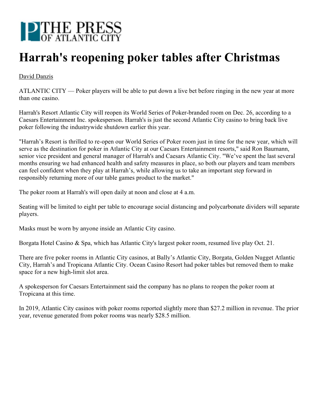 Harrah's Reopening Poker Tables After Christmas