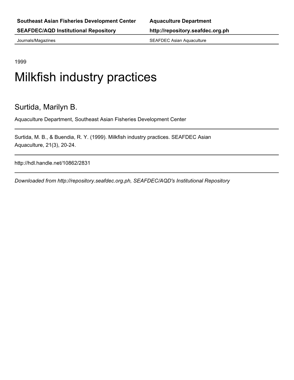 Milkfish Industry Practices