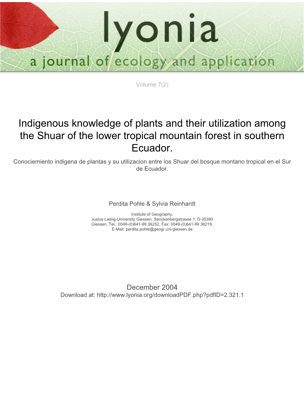 Indigenous Knowledge of Plants and Their Utilization Among the Shuar of the Lower Tropical Mountain Forest in Southern Ecuador