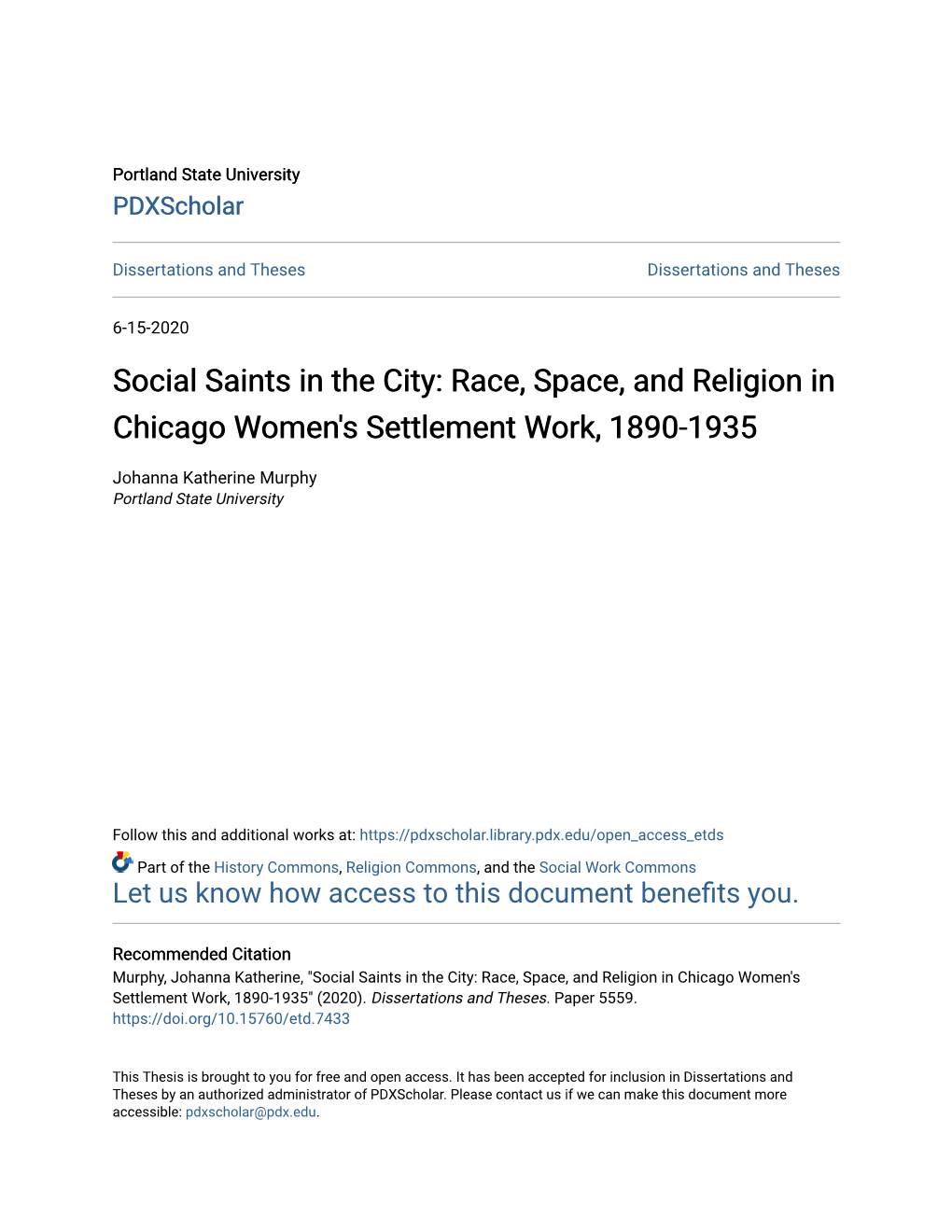 Social Saints in the City: Race, Space, and Religion in Chicago Women's Settlement Work, 1890-1935