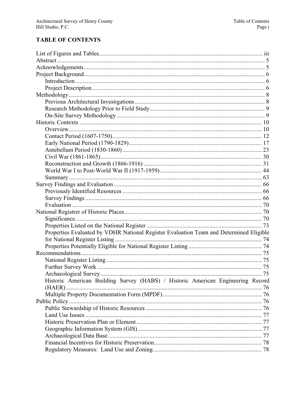 Architectural Survey of Henry County Table of Contents Hill Studio, P.C