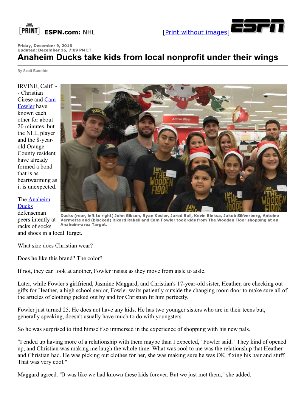 Anaheim Ducks Take Kids from Local Nonprofit Under Their Wings