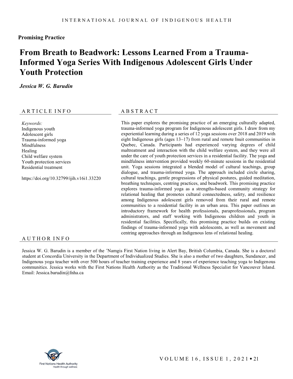 Lessons Learned from a Trauma- Informed Yoga Series with Indigenous Adolescent Girls Under Youth Protection