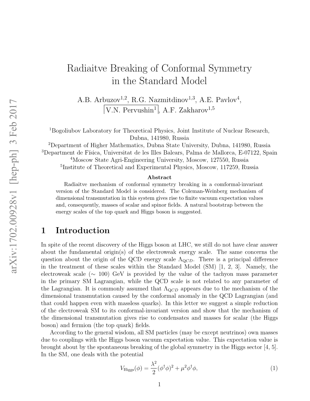 Radiaitve Breaking of Conformal Symmetry in the Standard Model