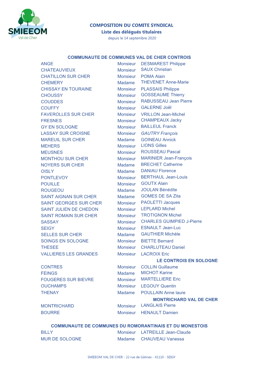 COMPOSITION DU COMITE SYNDICAL Liste Des Délégués Titulaires Depuis Le 14 Septembre 2020