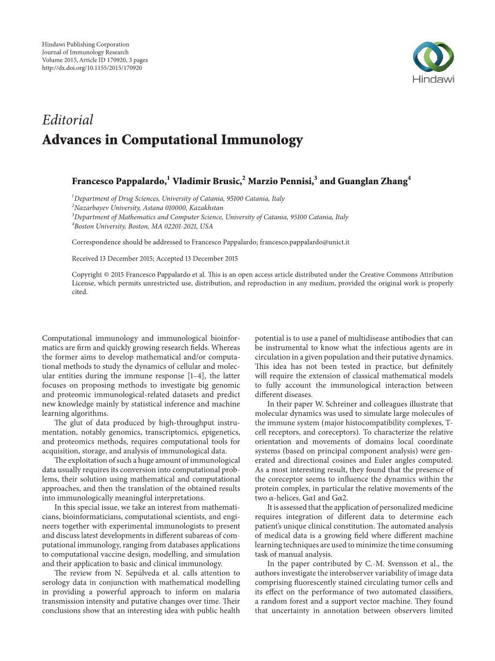 Editorial Advances in Computational Immunology