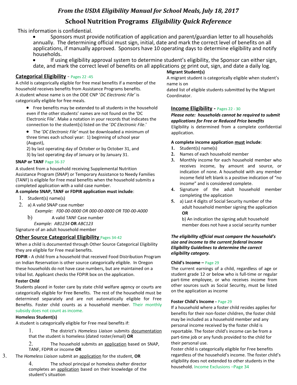 School Nutrition Programs Eligibility Quick Reference