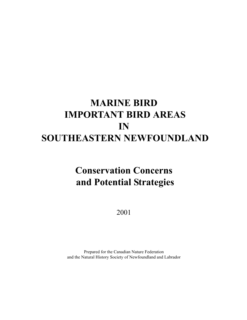Marine Bird Important Bird Areas in Southeastern Newfoundland