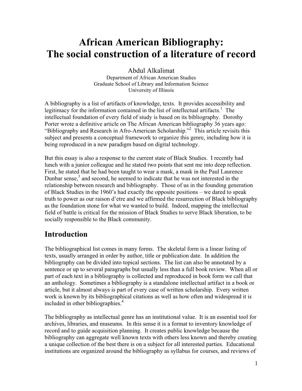 African American Bibliography: the Social Construction of a Literature of Record
