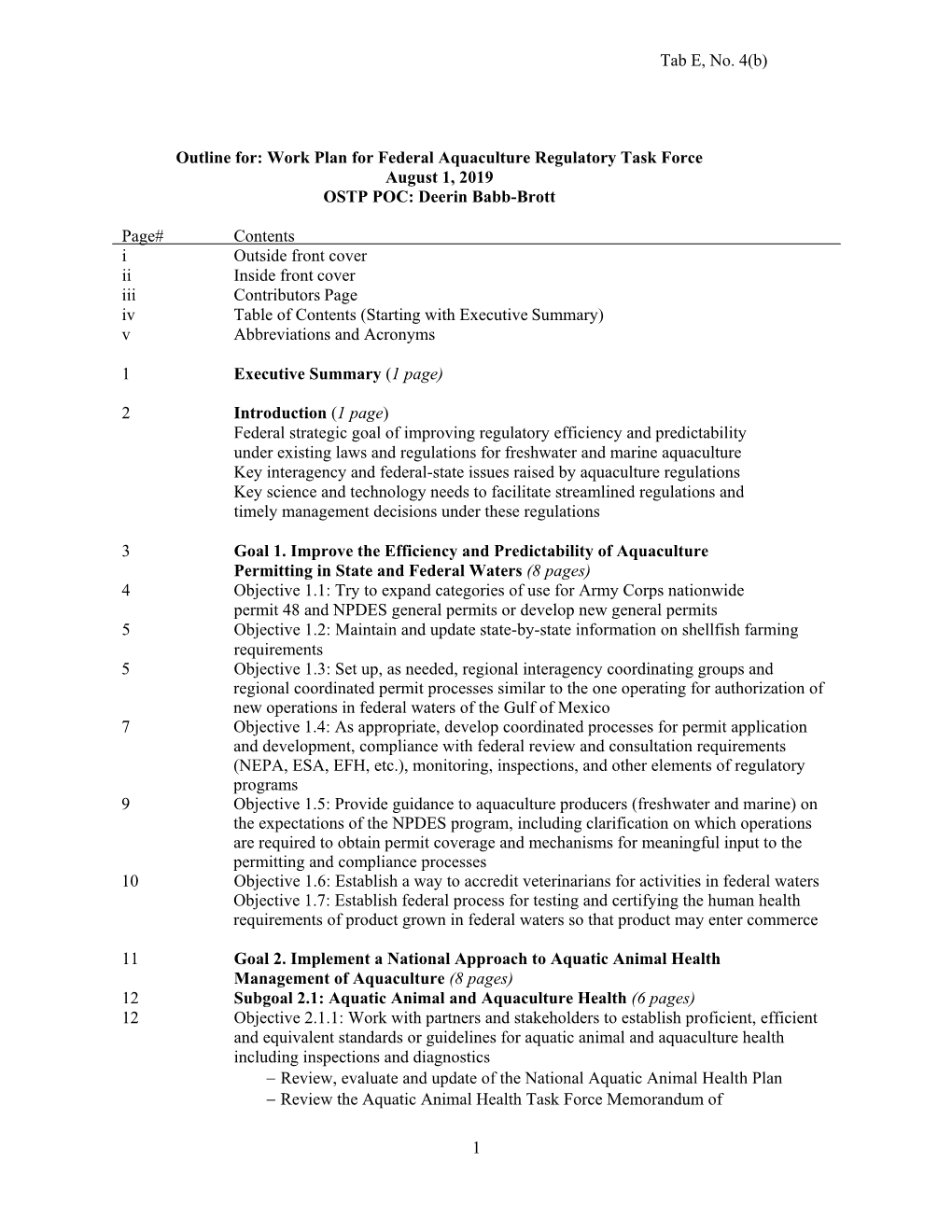 1 Outline For: Work Plan for Federal Aquaculture Regulatory Task Force
