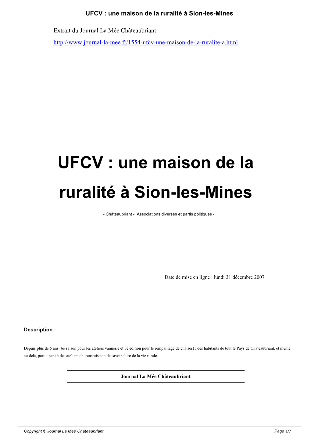 UFCV : Une Maison De La Ruralité À Sion-Les-Mines