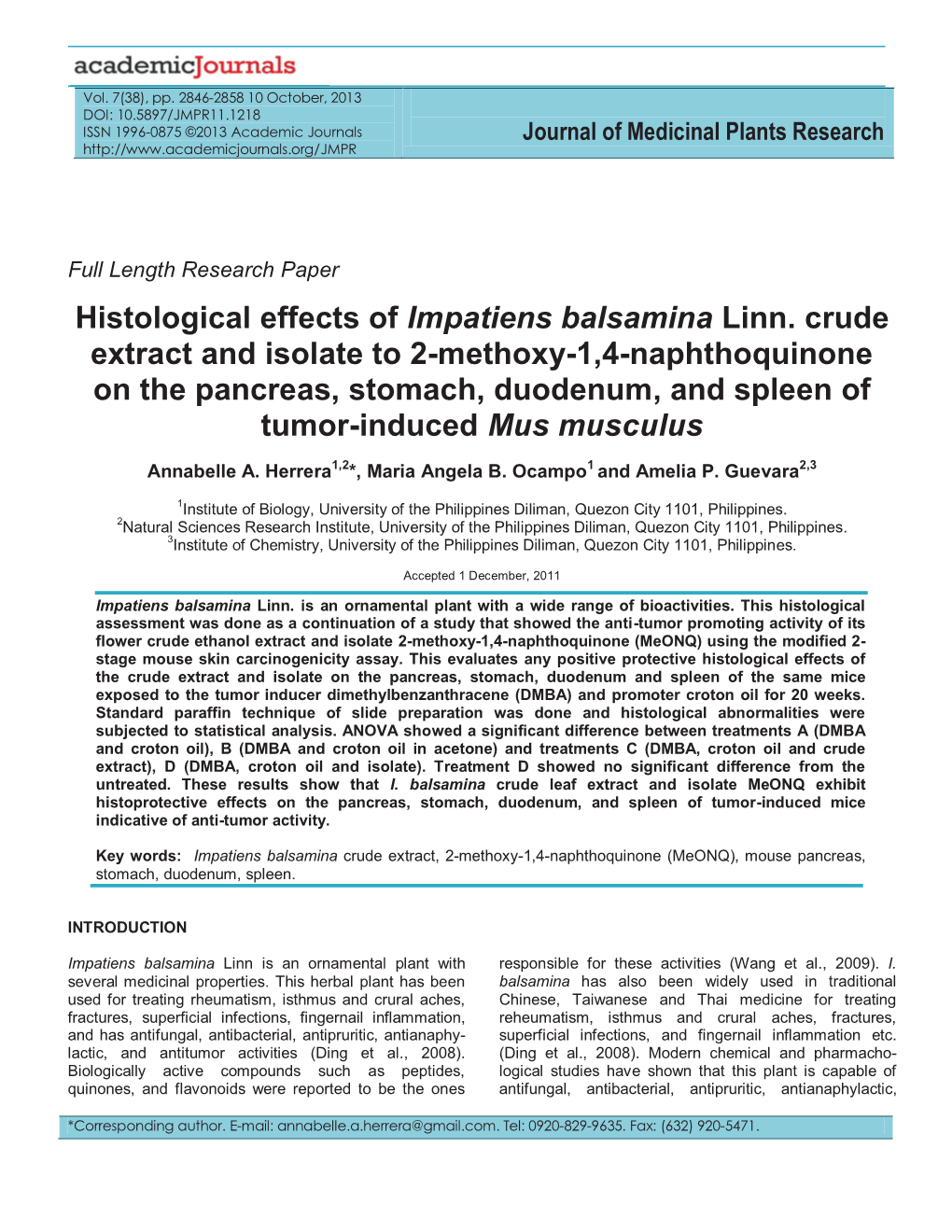 Histological Effects of Impatiens Balsamina Linn. Crude Extract And