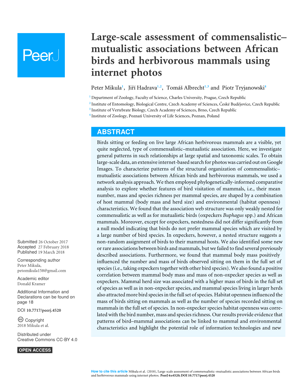 Mutualistic Associations Between African Birds and Herbivorous Mammals Using Internet Photos