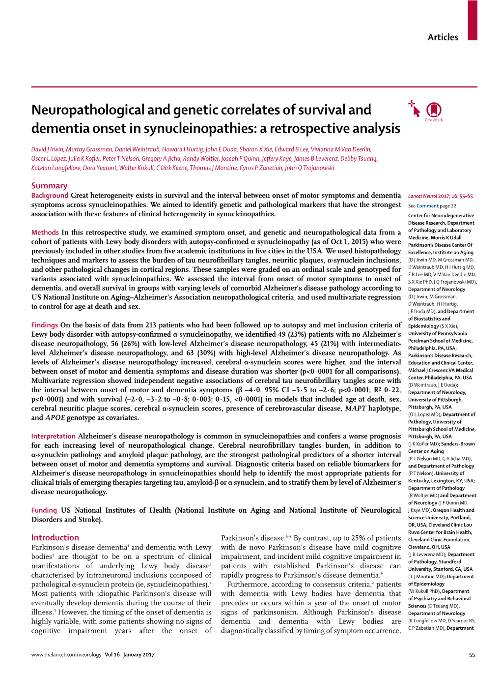 Neuropathological and Genetic Correlates of Survival and Dementia Onset in Synucleinopathies: a Retrospective Analysis