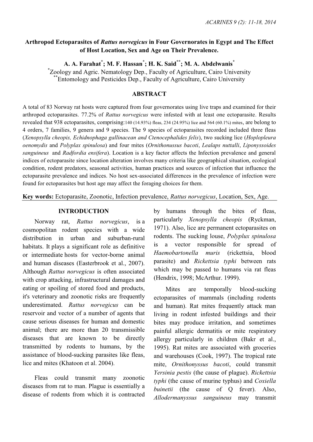 Arthropod Ectoparasites of Rattus Norvegicus in Four Governorates in Egypt and the Effect of Host Location, Sex and Age on Their Prevalence