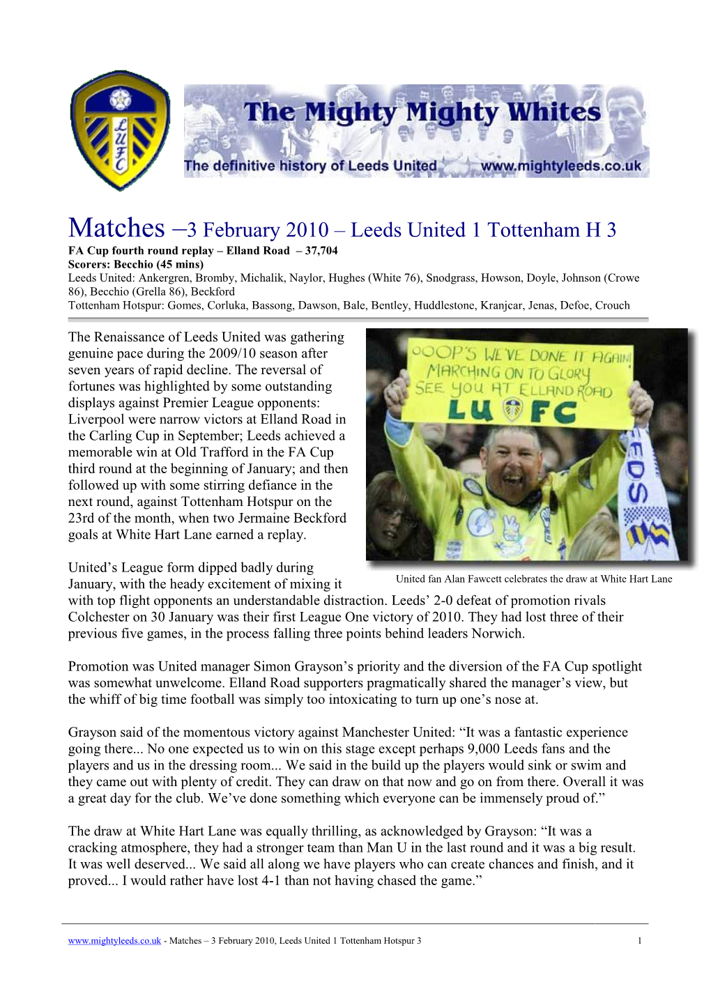 Matches –3 February 2010 – Leeds United 1 Tottenham
