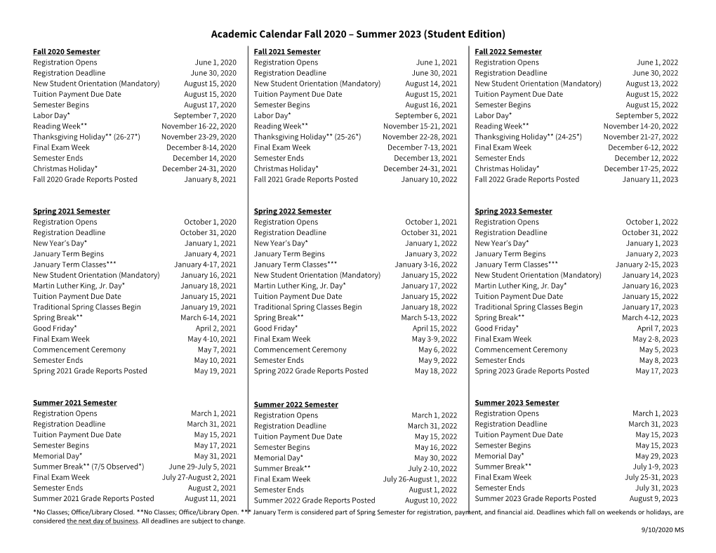 Academic Calendar Fall 2020 – Summer 2023 (Student Edition)