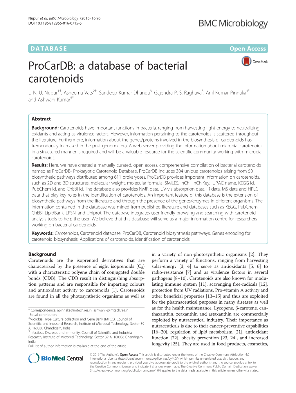 A Database of Bacterial Carotenoids L