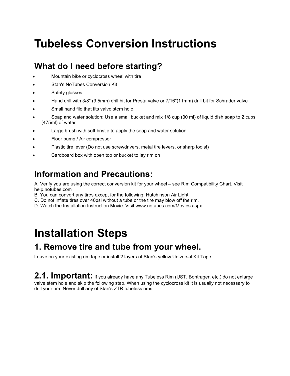 Stan's Tubeless Conversion Instructions