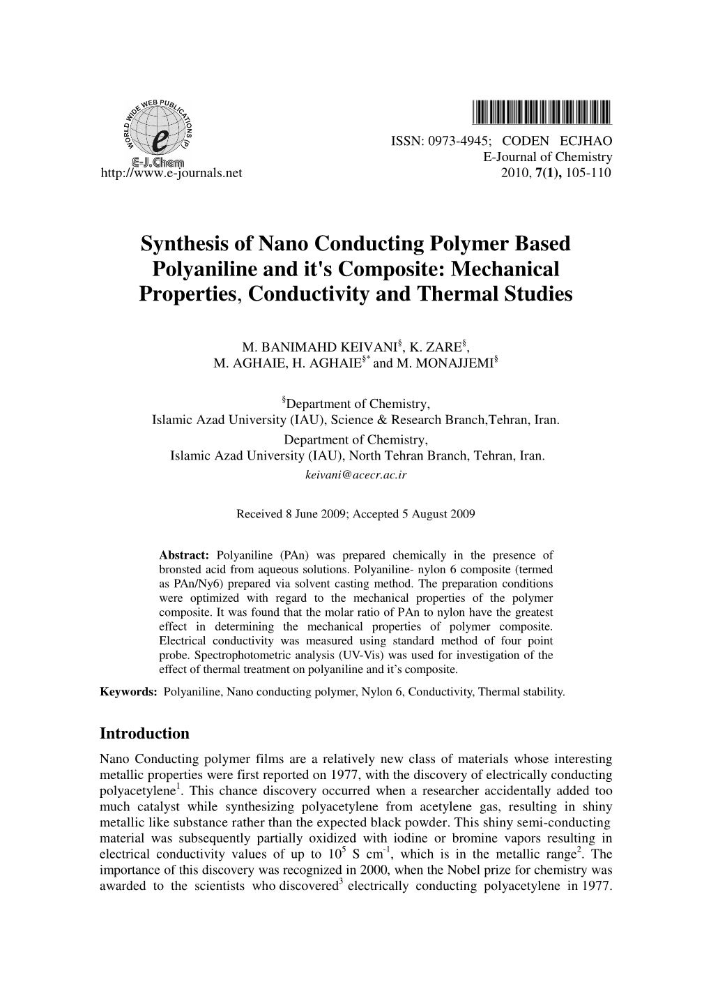 Synthesis of Nano Conducting Polymer Based Polyaniline and It's Composite: Mechanical Properties , Conductivity and Thermal Studies