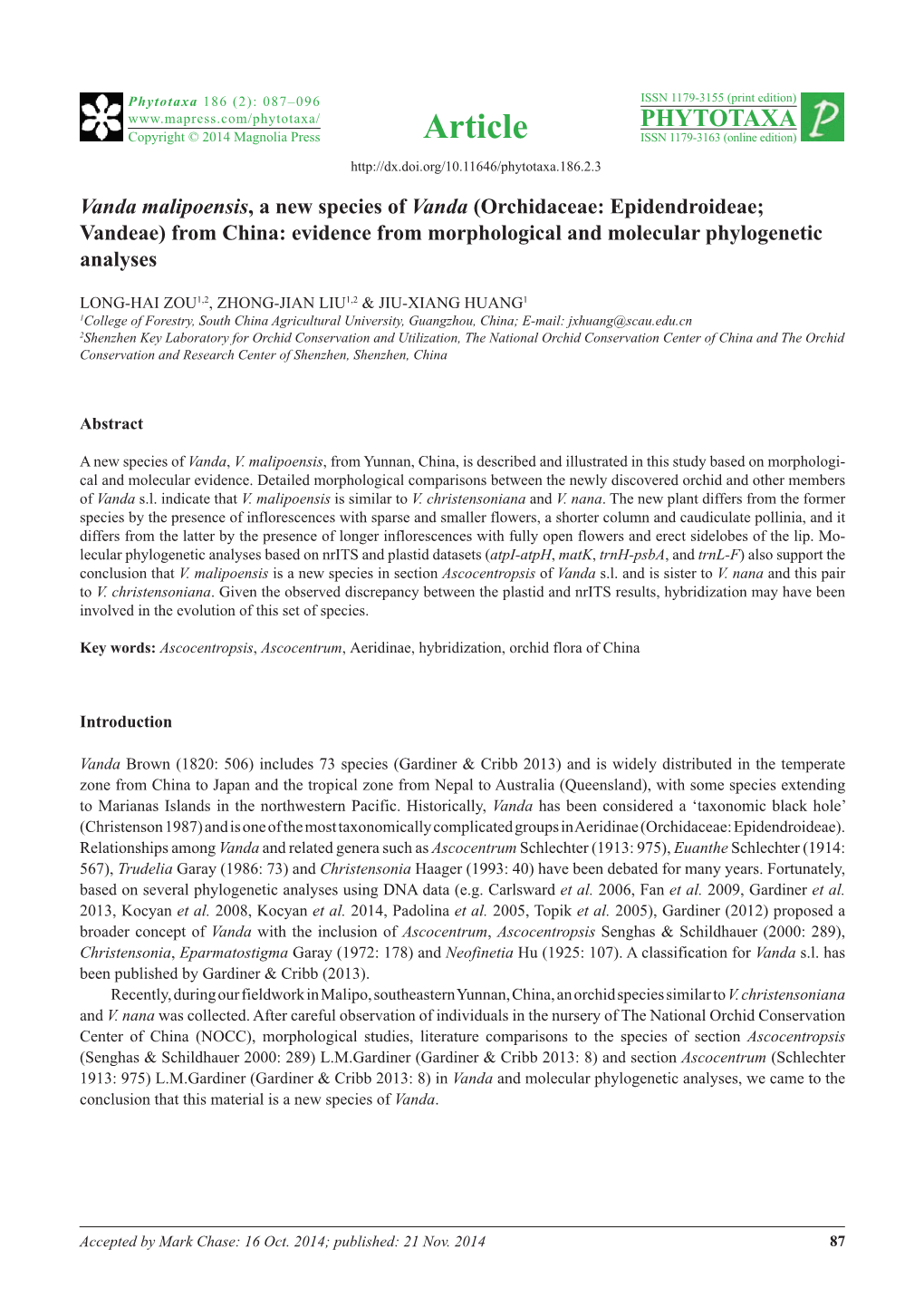 Vanda Malipoensis, a New Species of Vanda (Orchidaceae: Epidendroideae; Vandeae) from China: Evidence from Morphological and Molecular Phylogenetic Analyses