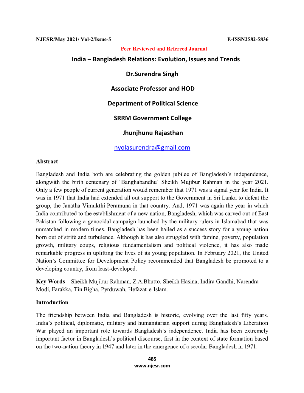 India – Bangladesh Relations: Evolution, Issues and Trends Dr
